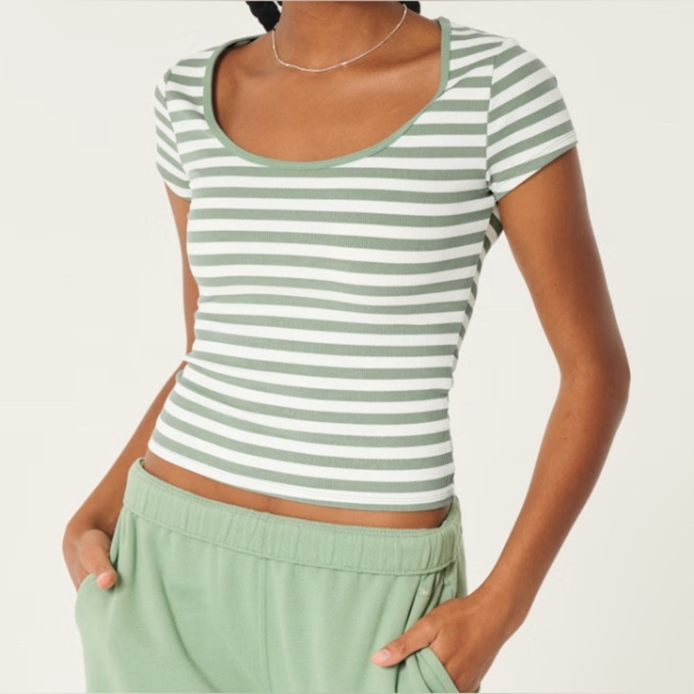 Green and White Stripe Ribbed Seamless Fabric Scoop Baby Tee